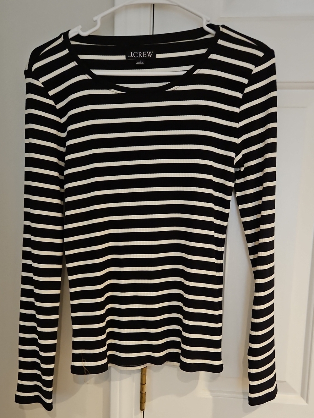 Jcrew Ribbed Stripe Long Sleeve Crew Neck Top Black White Stretch Small S